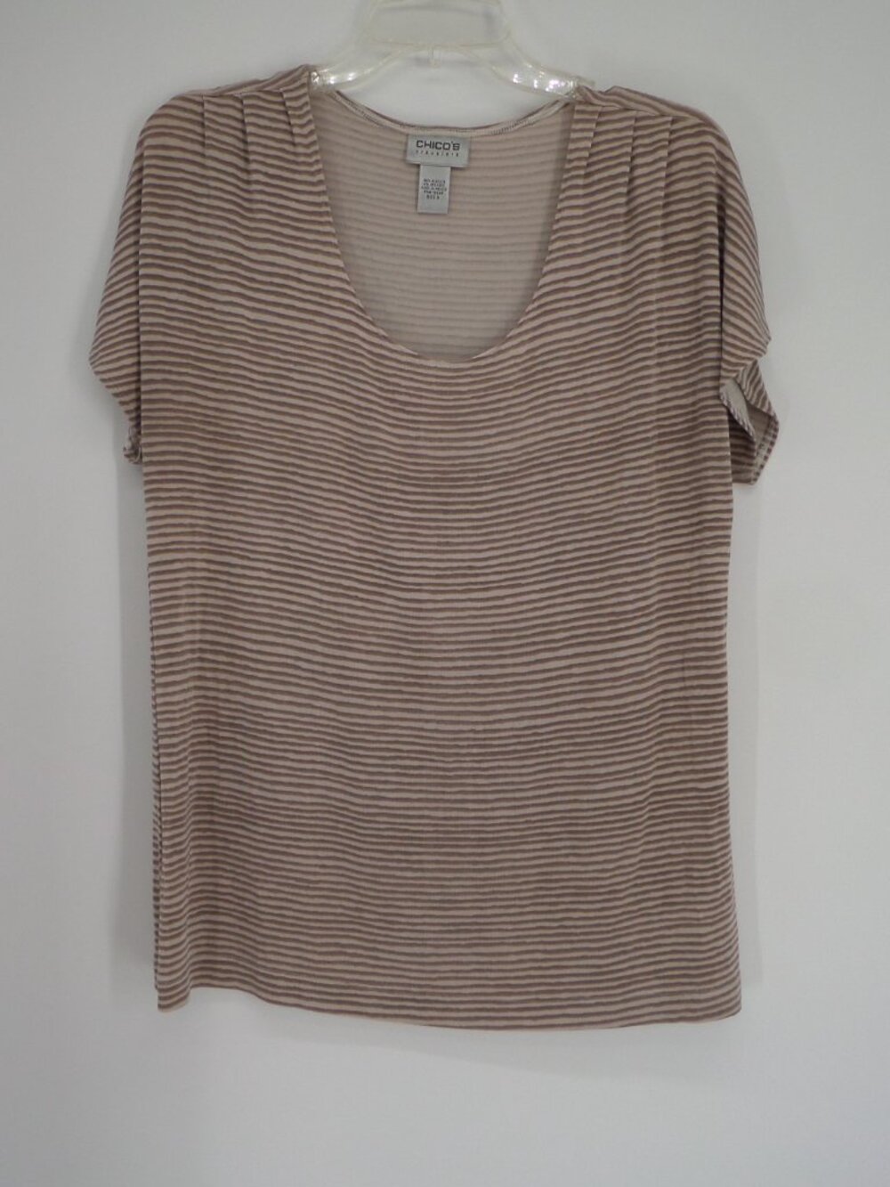 Chico's Travelers  Women's Fall Short Sleeve Tan/Cream Stripe  Top  Size 3 US XL